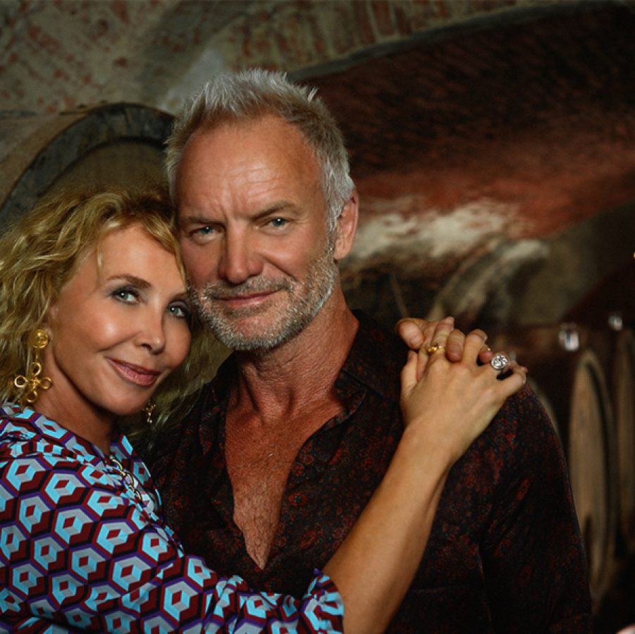 A portrait of Trudie Styler and Sting in the cellar of their Il Palagio winery